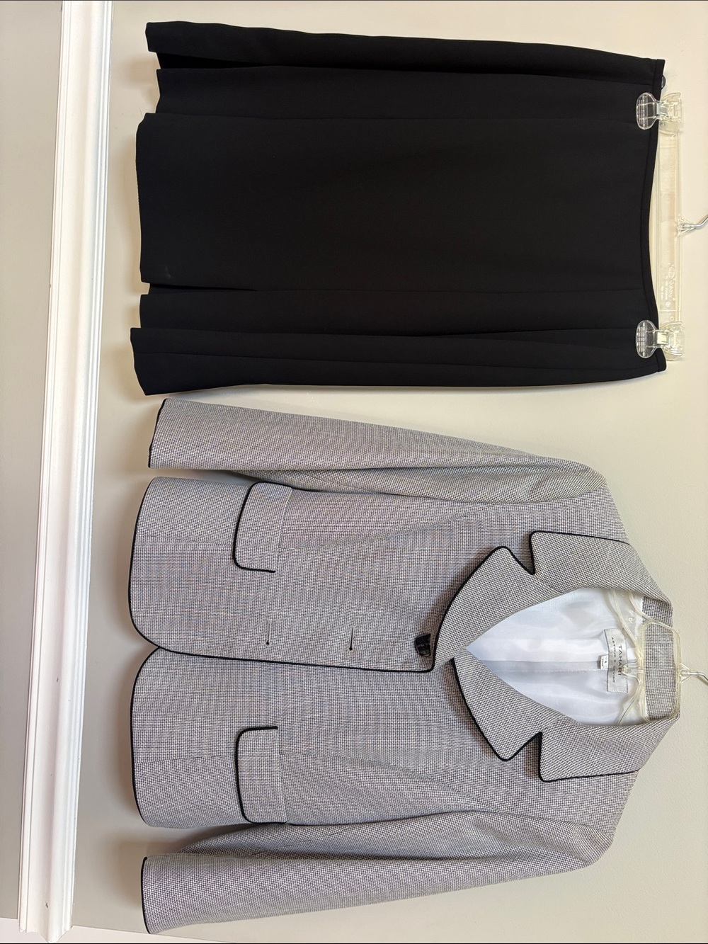 Tahari Two-Piece Black Skirt and Light Gray Blazer with Contrast Piping